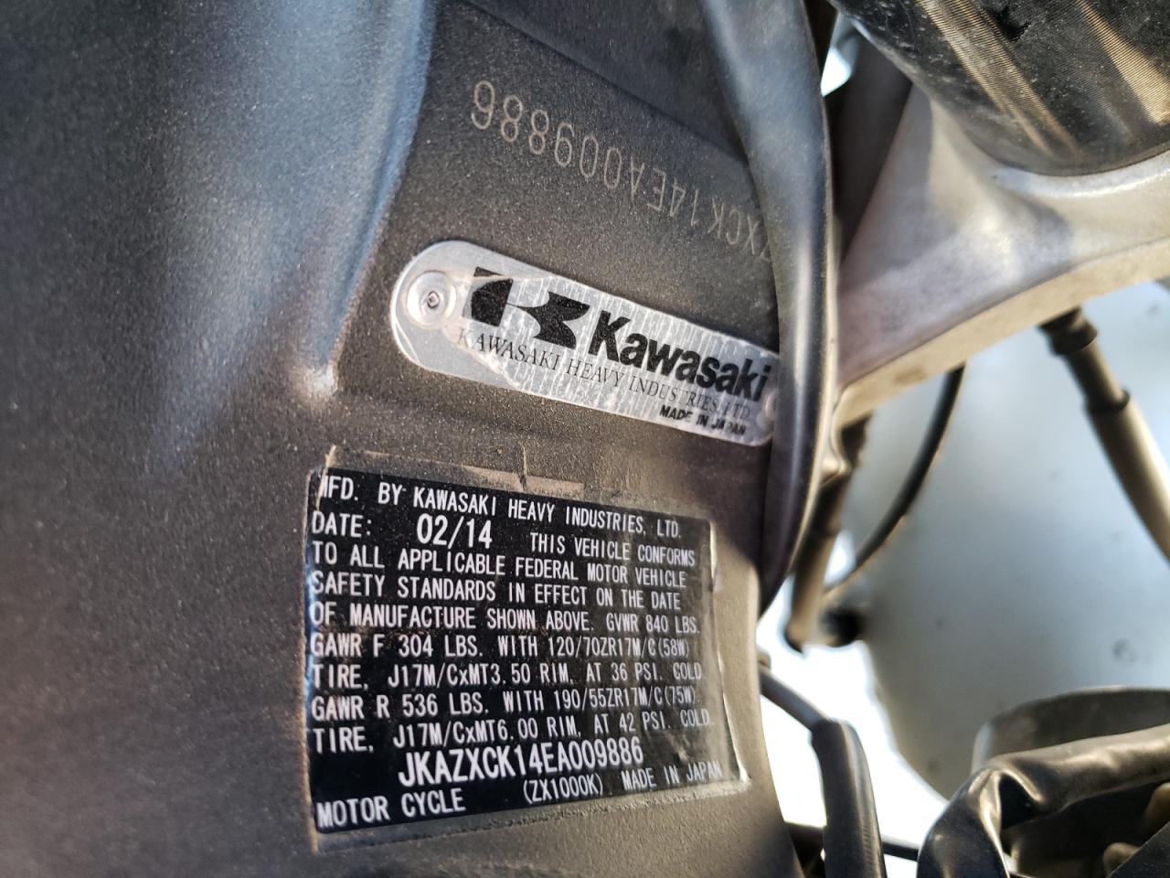 JKAZXCK14EA009886 2014 Kawasaki Zx1000 K