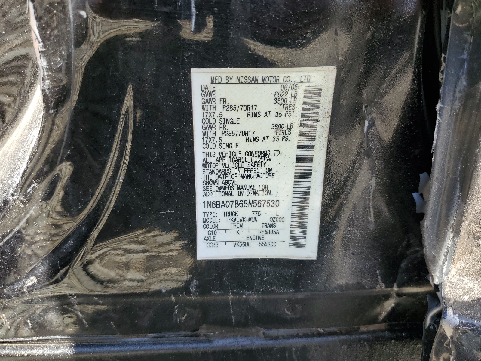 1N6BA07B65N567530 2005 Nissan Titan Xe