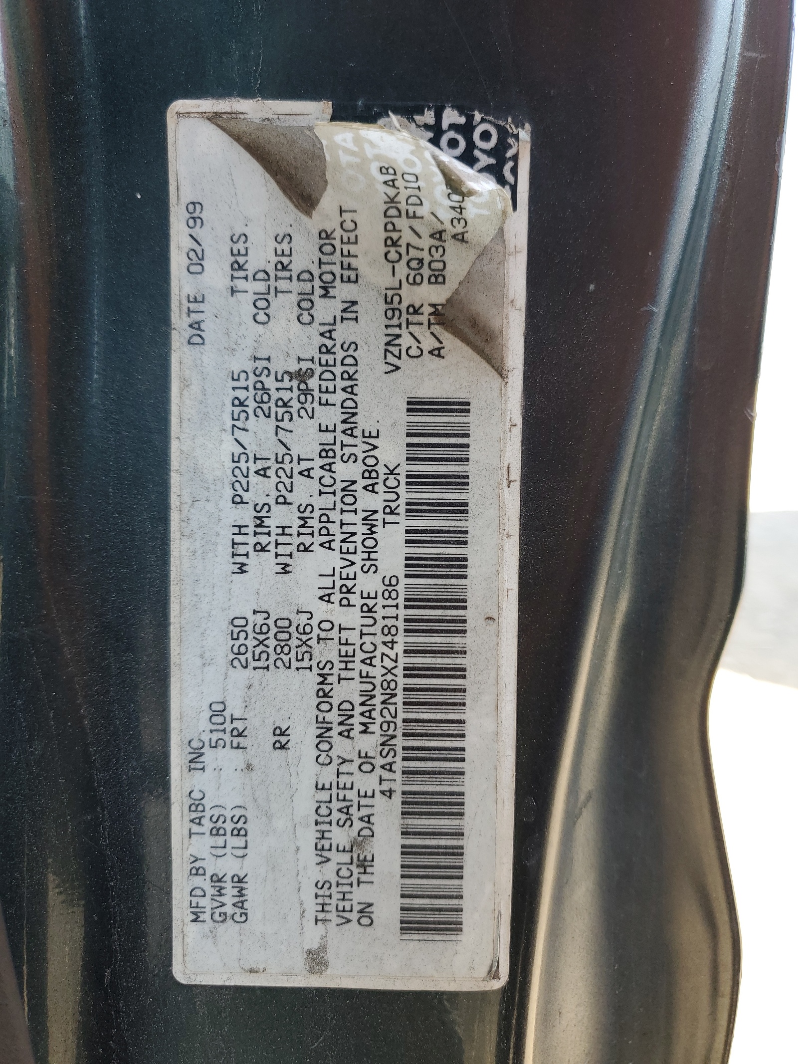 4TASN92N8XZ481186 1999 Toyota Tacoma Xtracab Prerunner