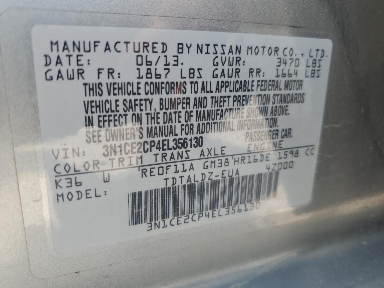 2014 Nissan Versa Note S VIN: 3N1CE2CP4EL356130 Lot: 61131974