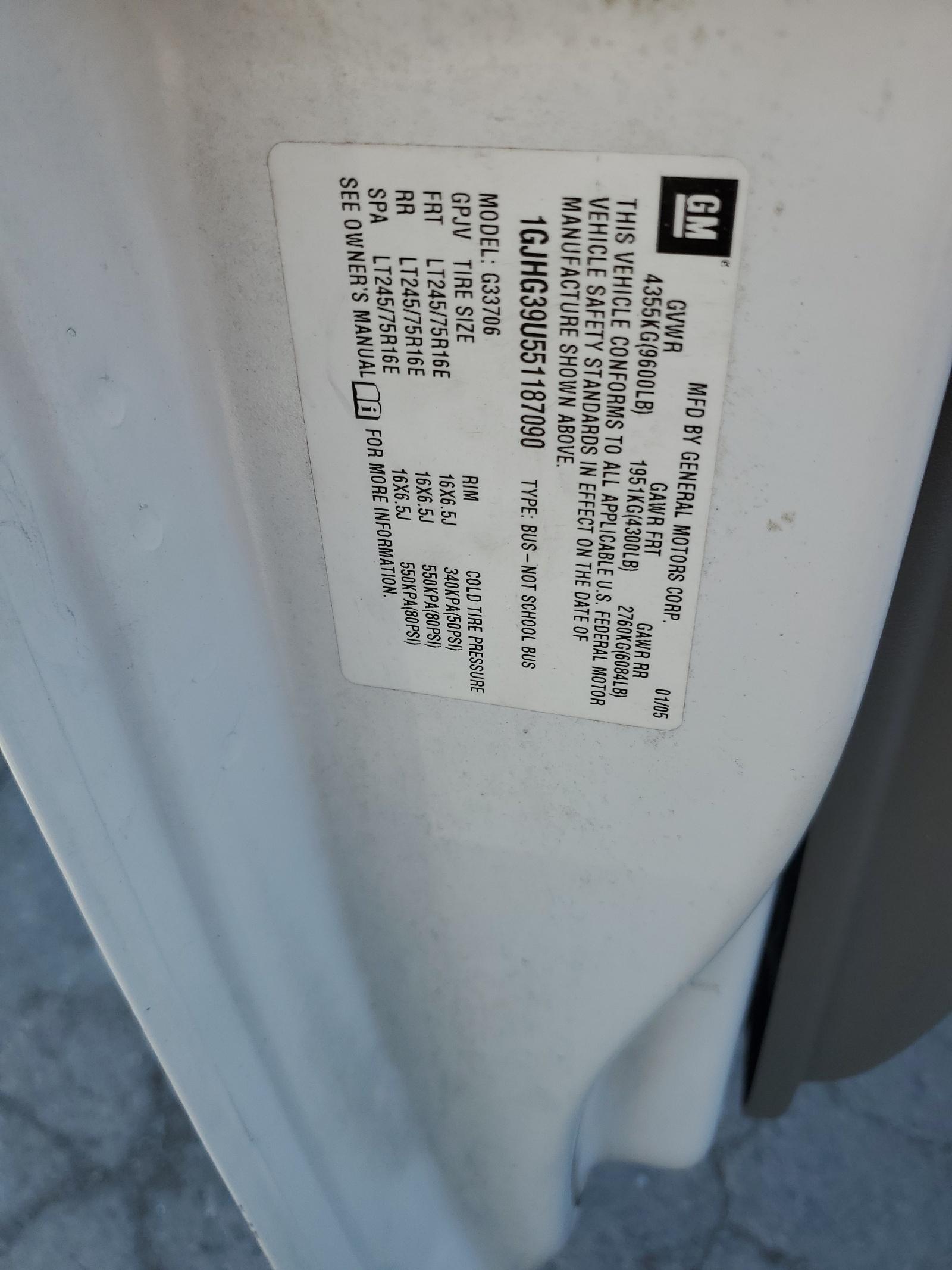 1GJHG39U551187090 2005 GMC Savana G3500