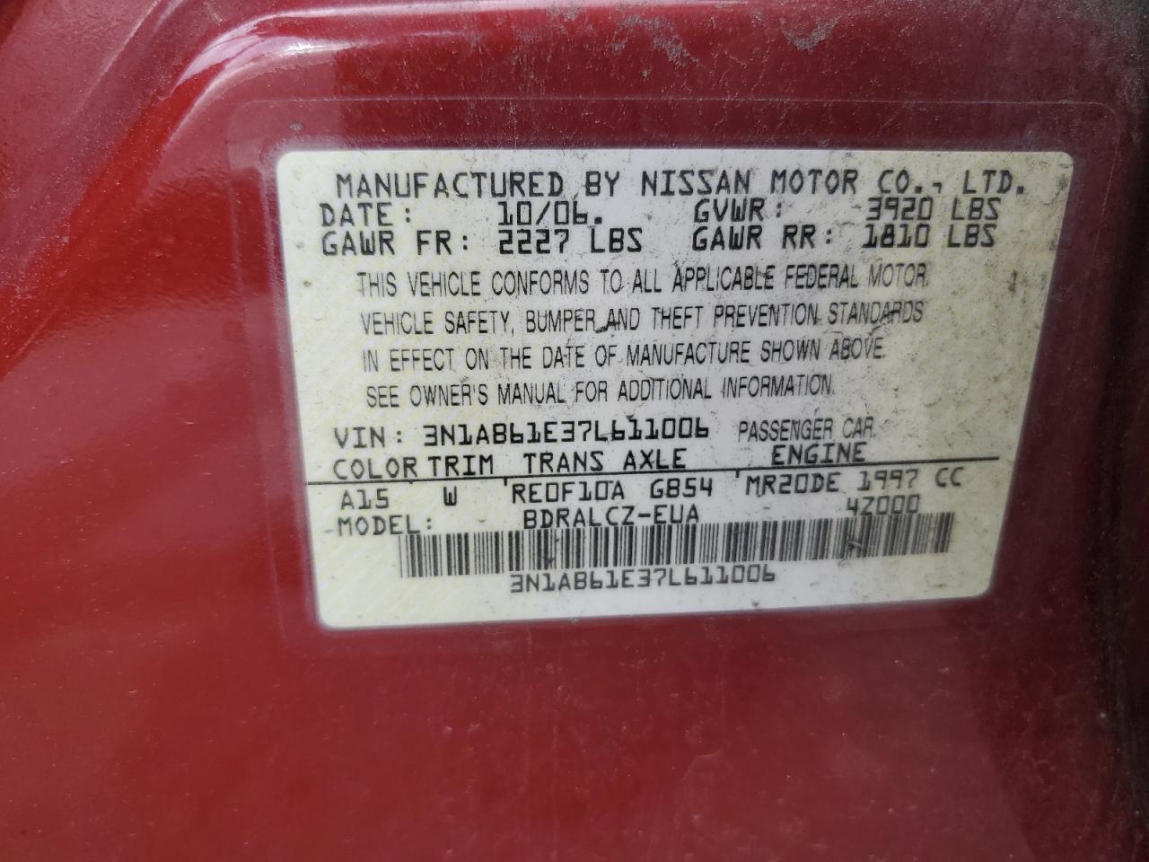 2007 Nissan Sentra 2.0 VIN: 3N1AB61E37L611006 Lot: 56657434