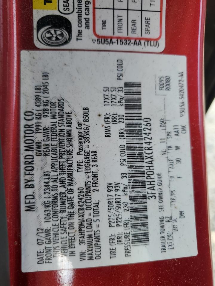 2012 Ford Fusion Se VIN: 3FAHP0HAXCR424260 Lot: 59411524