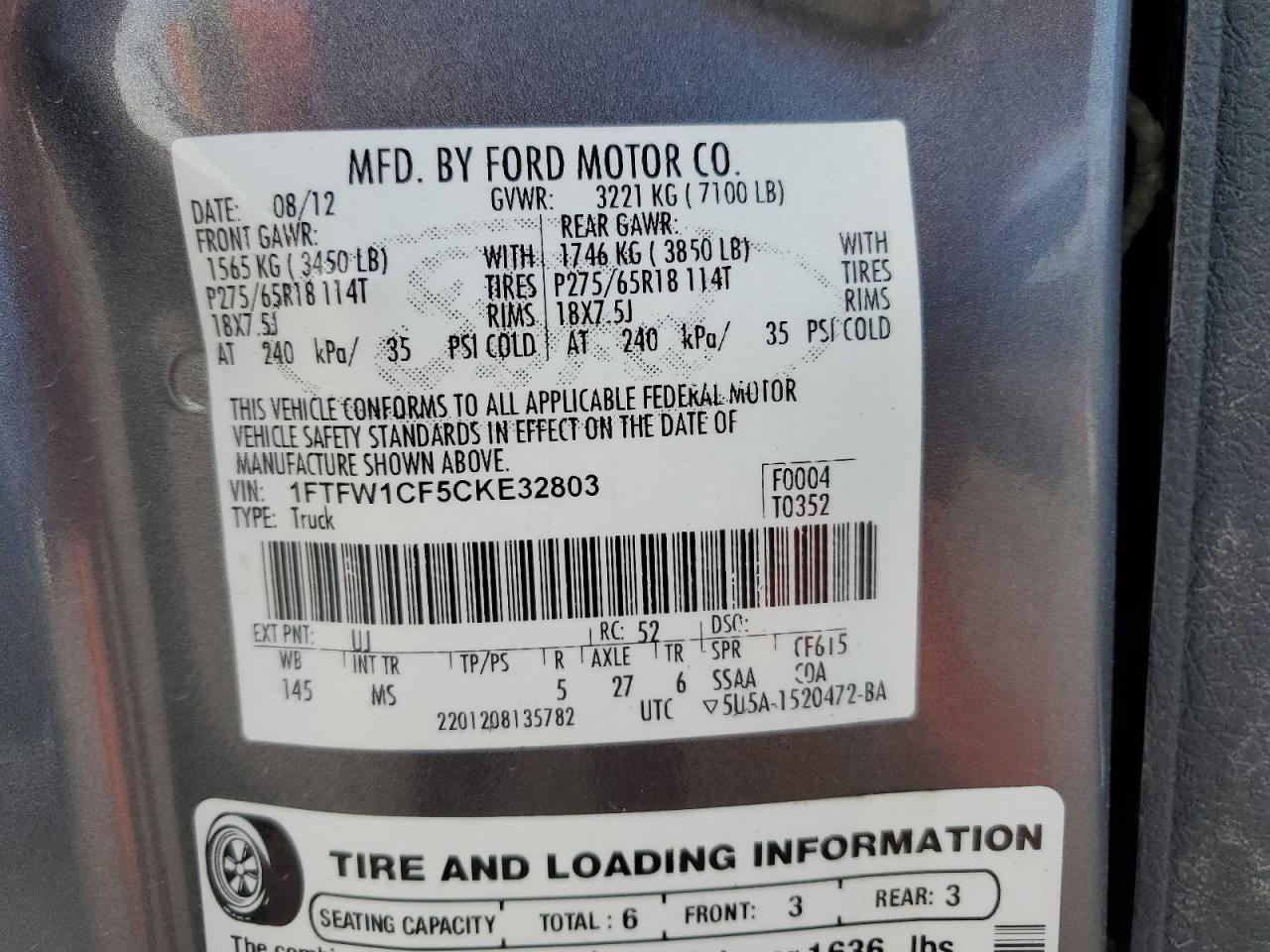 2012 Ford F150 Supercrew VIN: 1FTFW1CF5CKE32803 Lot: 60515104