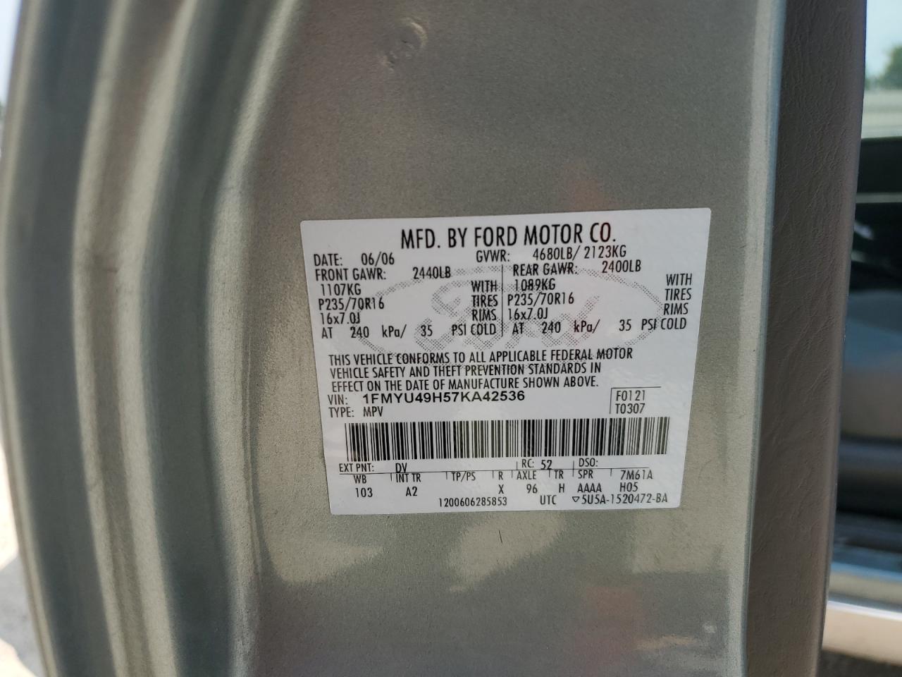 2007 Ford Escape Hev VIN: 1FMYU49H57KA42536 Lot: 57540134