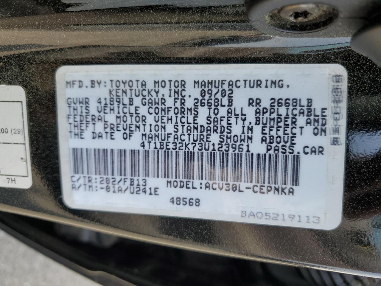 2003 Toyota Camry Le VIN: 4T1BE32K73U123961 Lot: 60326134