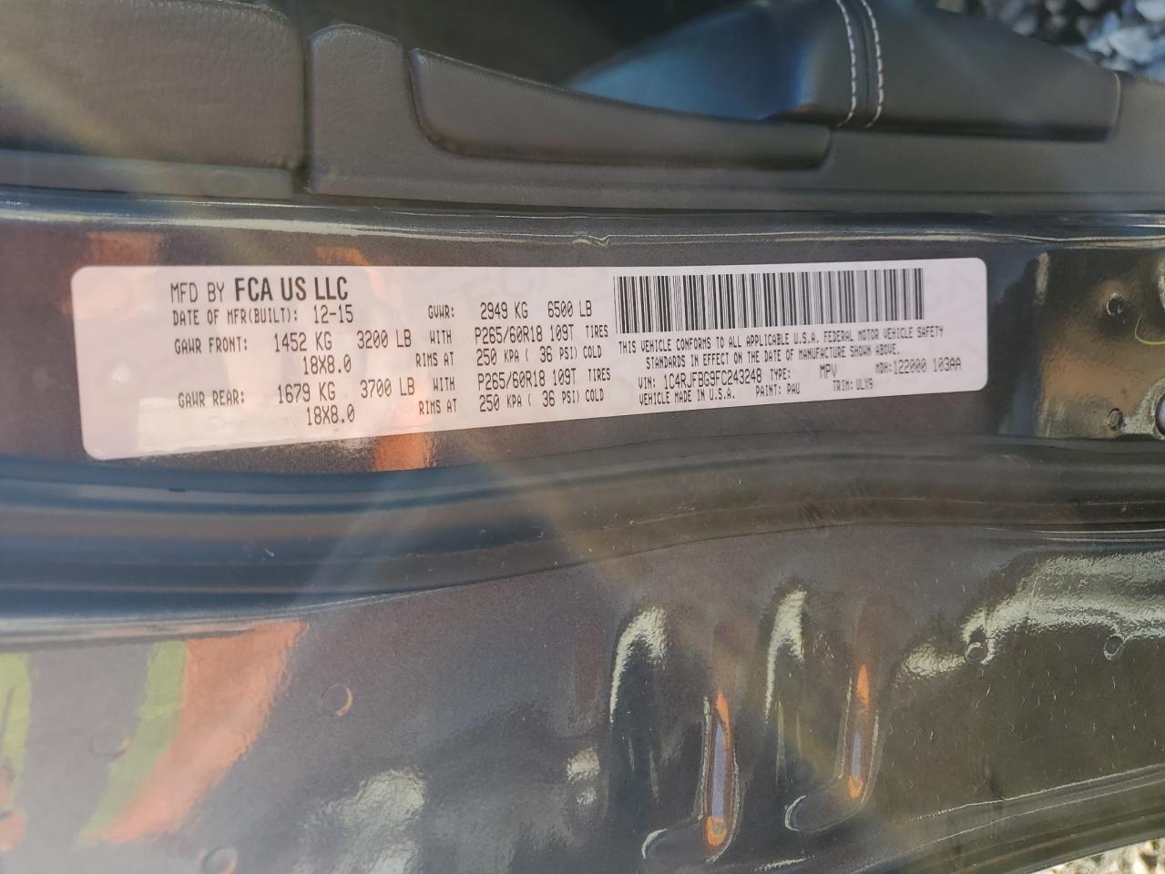 2015 Jeep Grand Cherokee Limited VIN: 1C4RJFBG9FC243248 Lot: 58010994