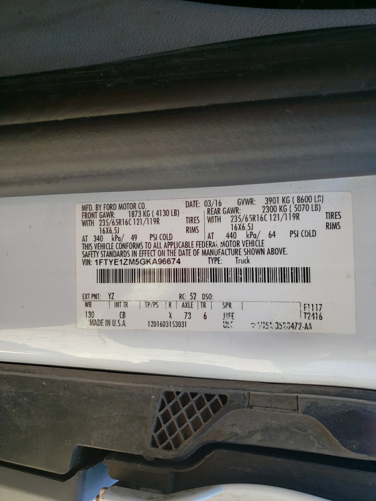 1FTYE1ZM5GKA96674 2016 Ford Transit T-150