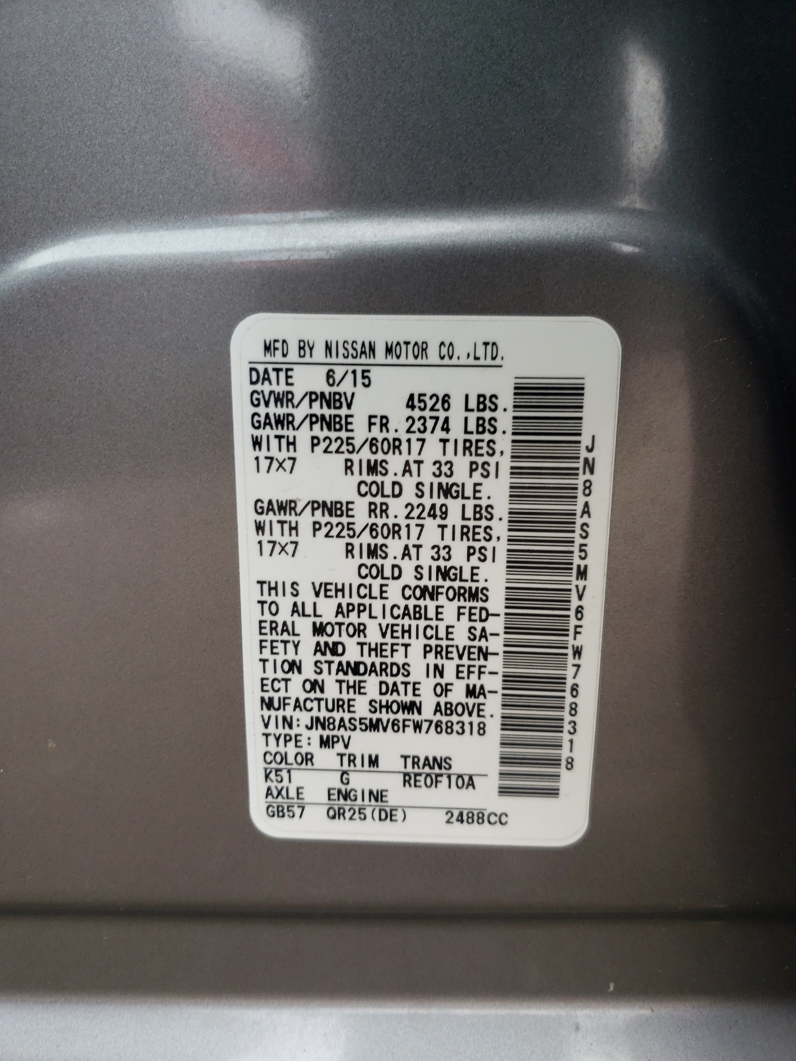 JN8AS5MV6FW768318 2015 Nissan Rogue Select S