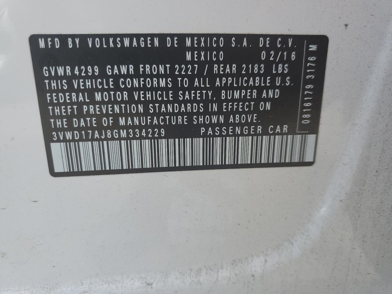 2016 Volkswagen Jetta Sport VIN: 3VWD17AJ8GM334229 Lot: 58817194