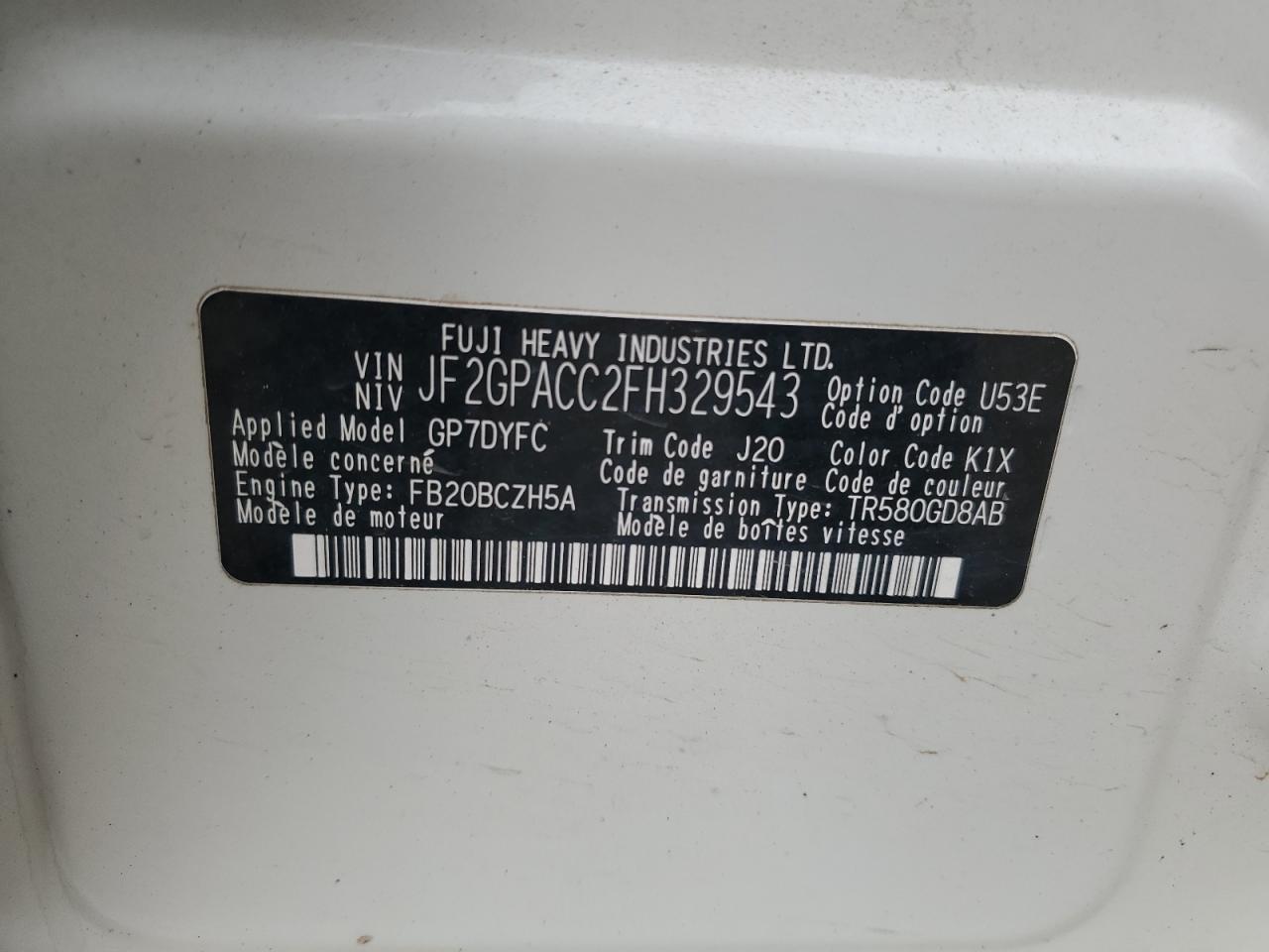 2015 Subaru Xv Crosstrek 2.0 Premium VIN: JF2GPACC2FH329543 Lot: 58282494