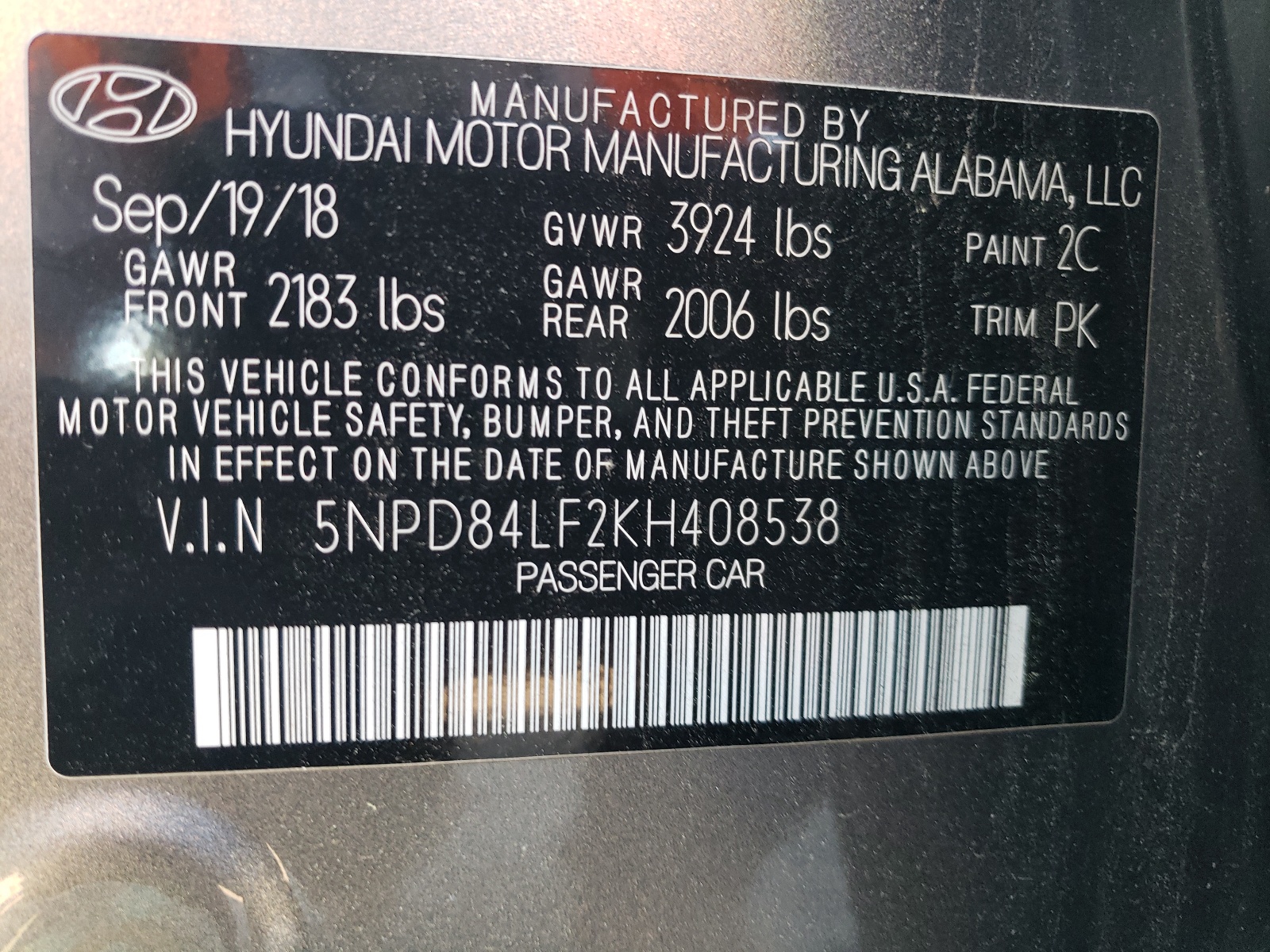 5NPD84LF2KH408538 2019 Hyundai Elantra Sel