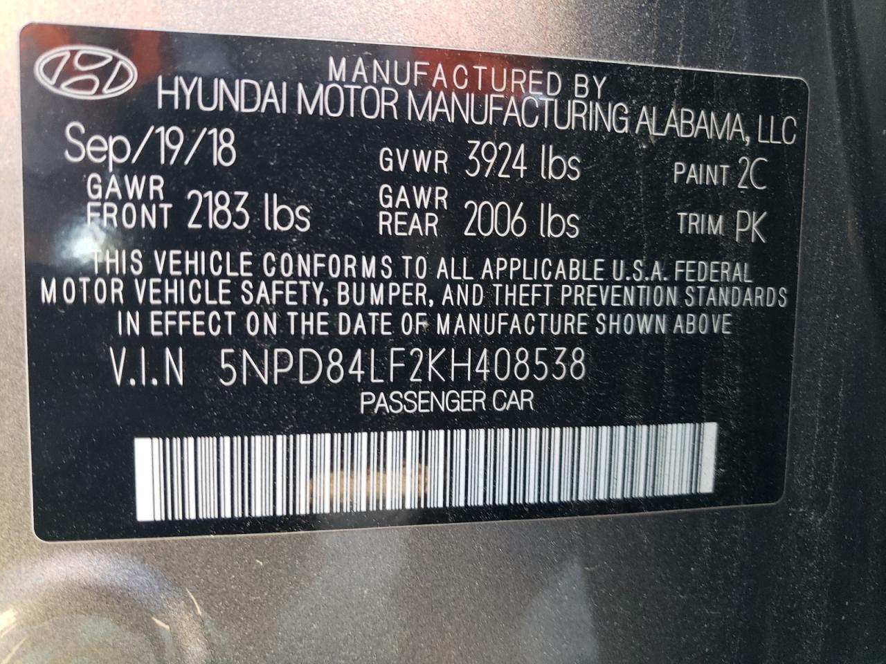 2019 Hyundai Elantra Sel VIN: 5NPD84LF2KH408538 Lot: 58194434