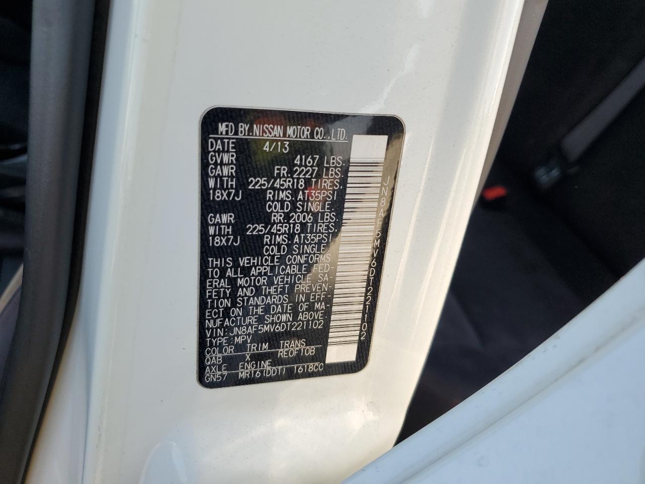 2013 Nissan Juke S VIN: JN8AF5MV6DT221102 Lot: 58465904