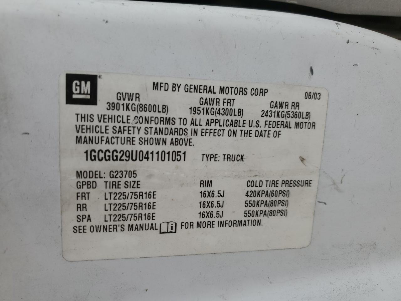 2004 Chevrolet Express G2500 VIN: 1GCGG29U041101051 Lot: 58245714