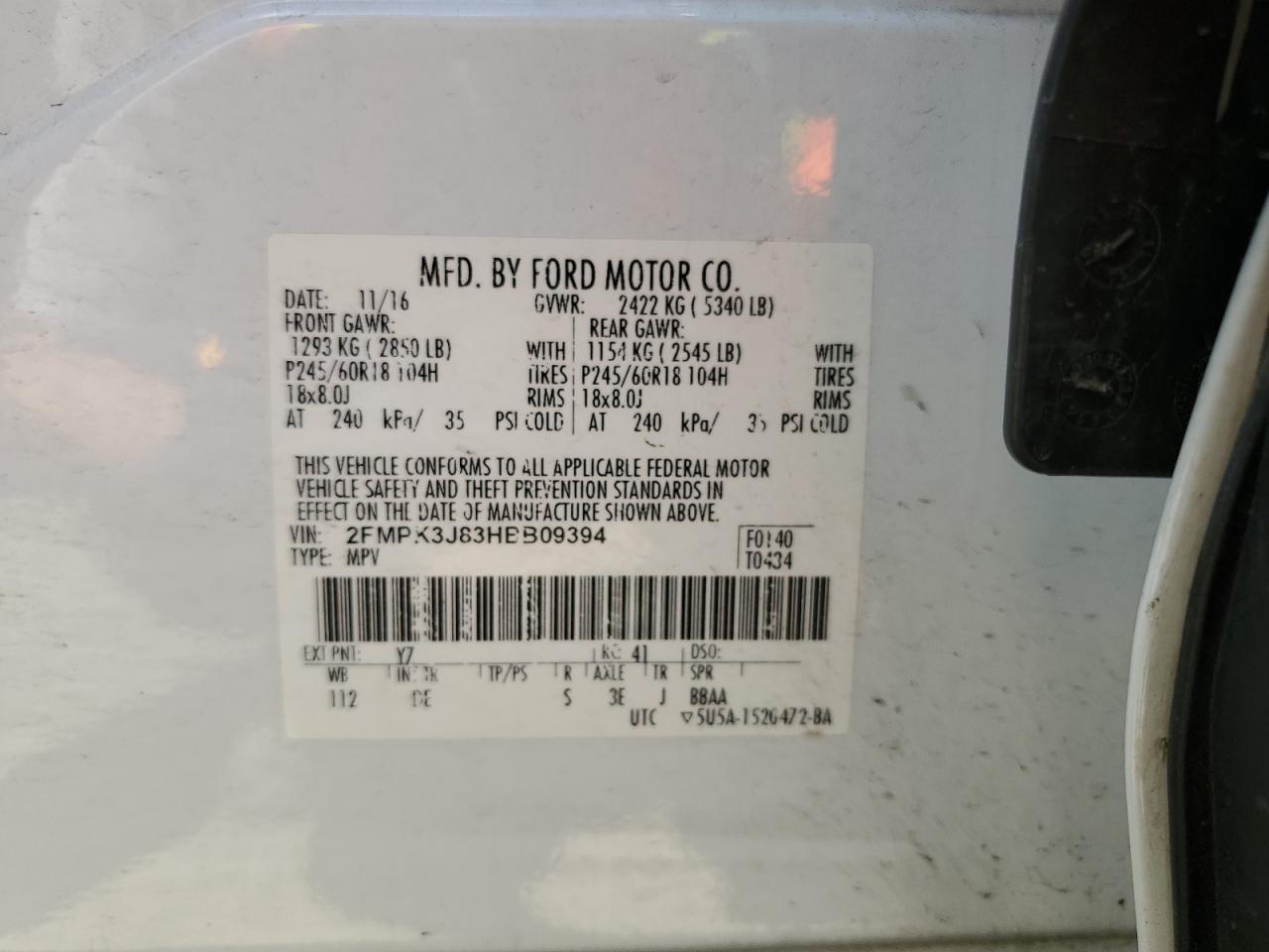 2017 Ford Edge Sel VIN: 2FMPK3J83HBB09394 Lot: 61121664