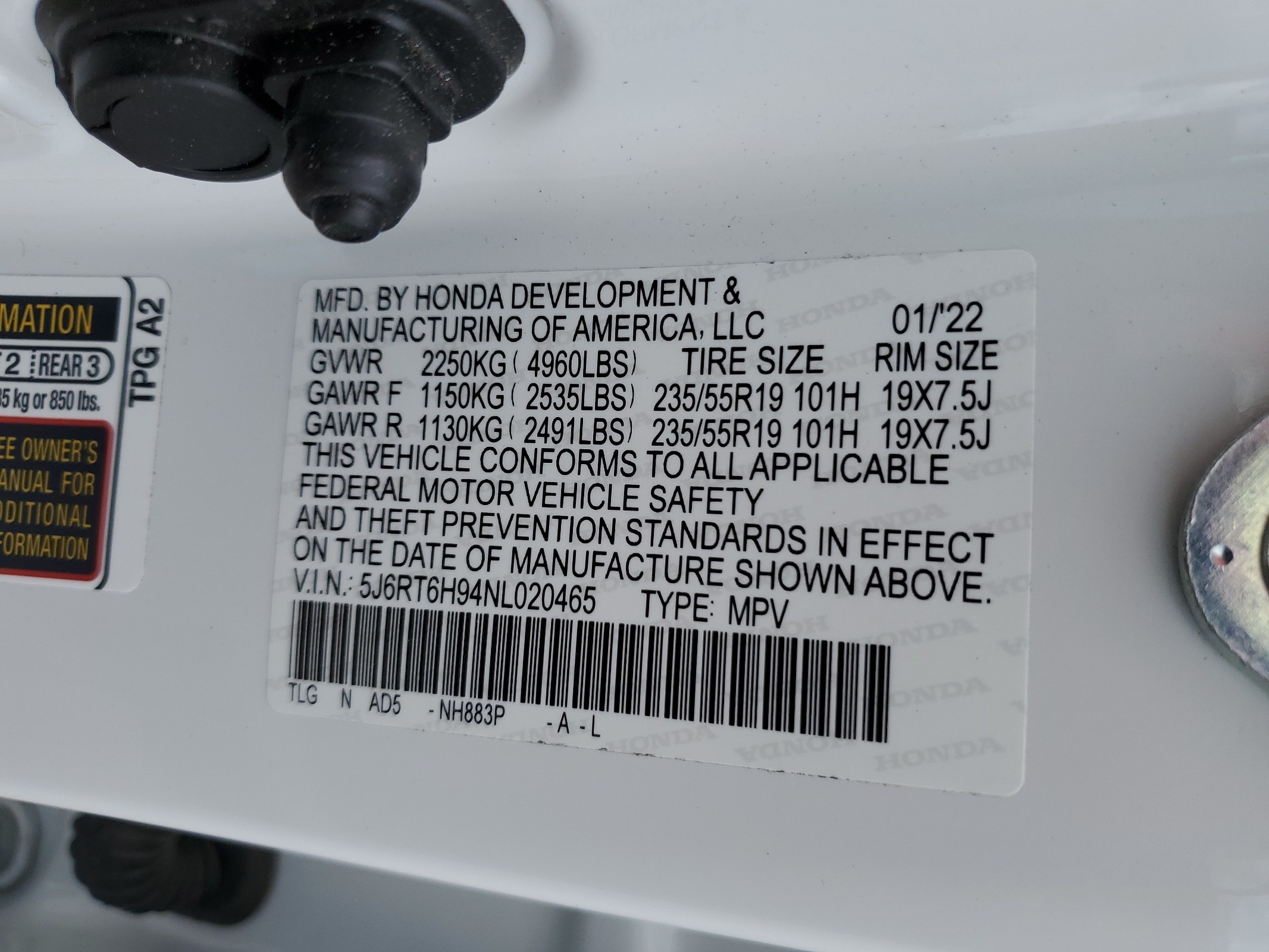 5J6RT6H94NL020465 2022 Honda Cr-V Touring