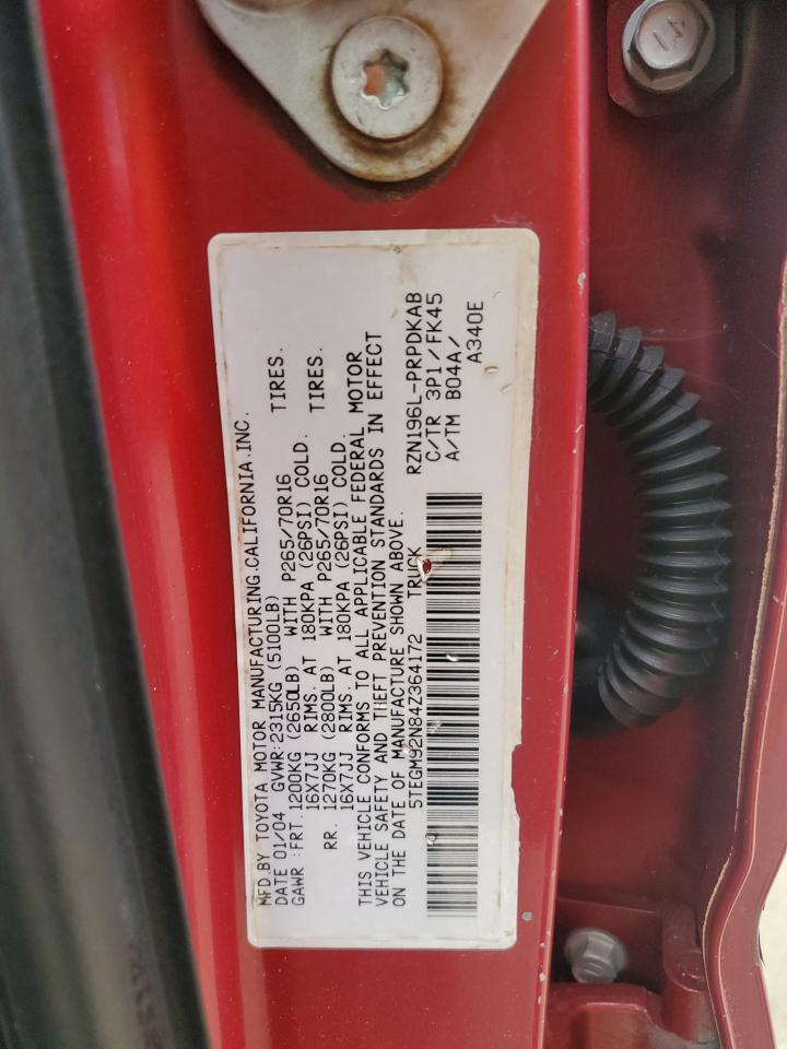 2004 Toyota Tacoma Double Cab Prerunner VIN: 5TEGM92N84Z364172 Lot: 61063304