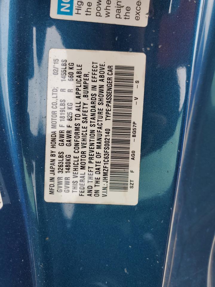 2015 Honda Cr-Z Ex VIN: JHMZF1C63FS002140 Lot: 59924654