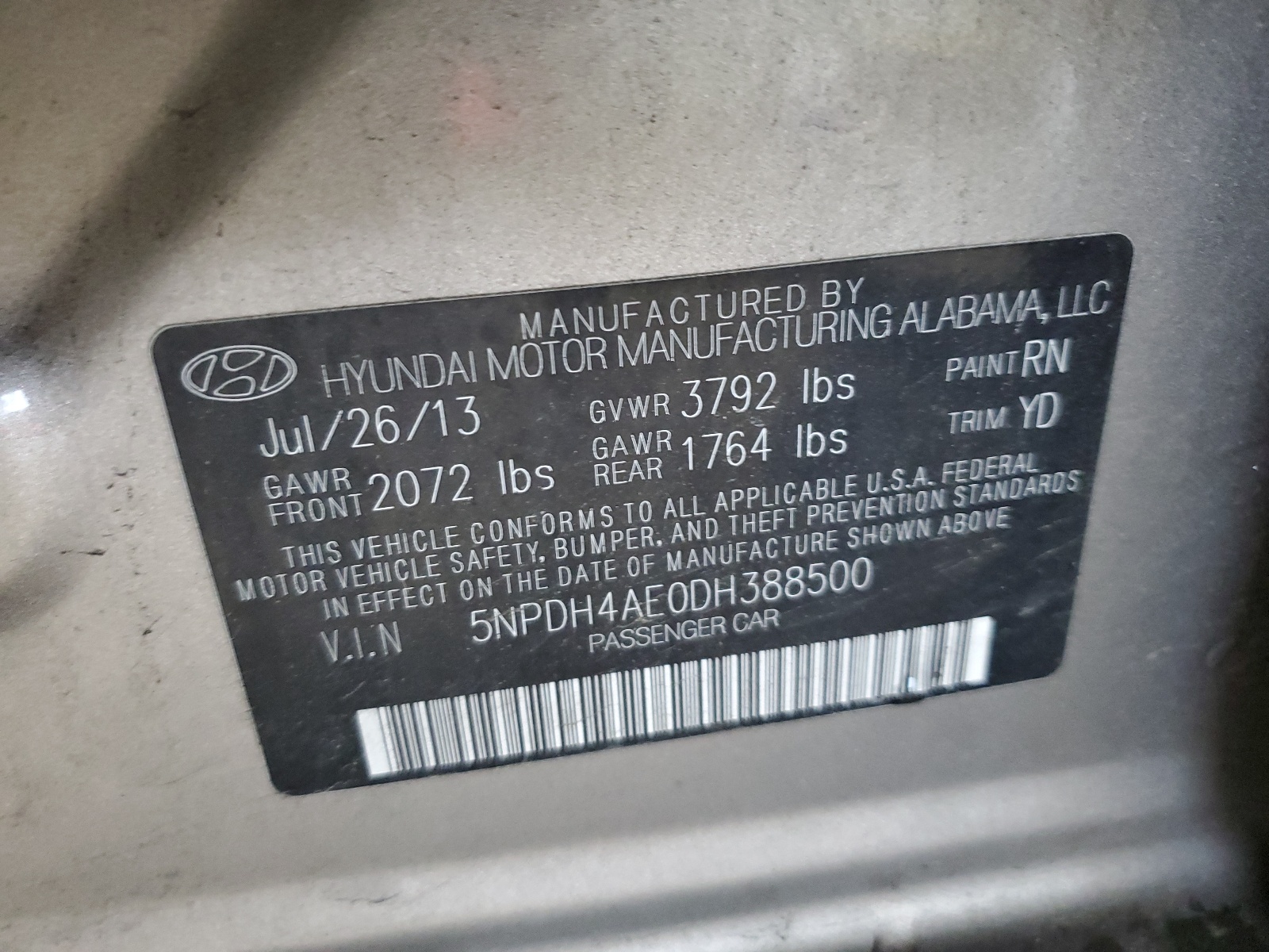 5NPDH4AE0DH388500 2013 Hyundai Elantra Gls