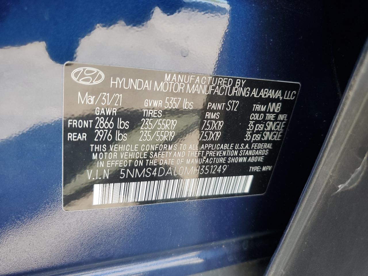 2021 Hyundai Santa Fe Limited VIN: 5NMS4DAL0MH351249 Lot: 59281874