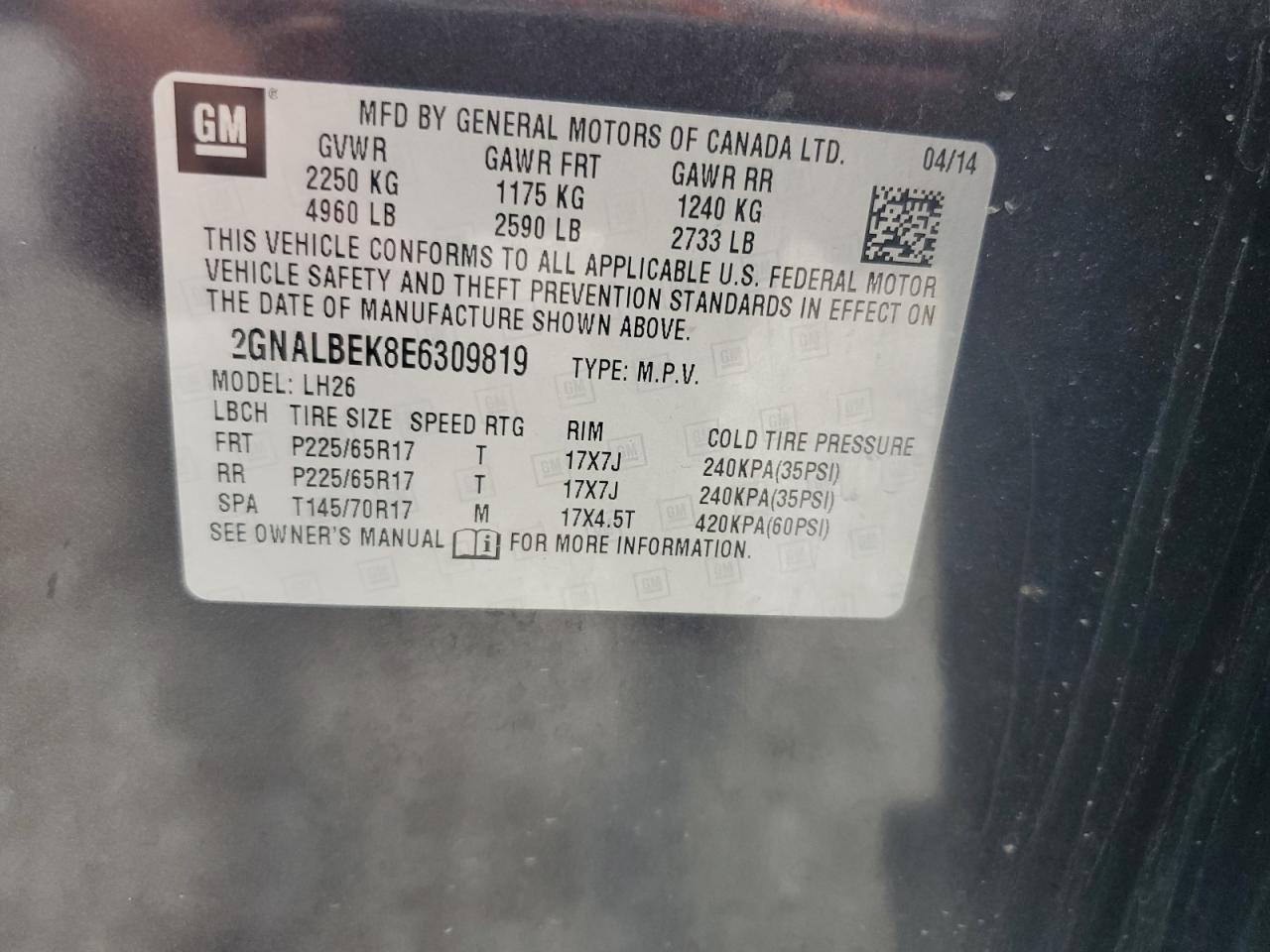 2014 Chevrolet Equinox Lt VIN: 2GNALBEK8E6309819 Lot: 58293564