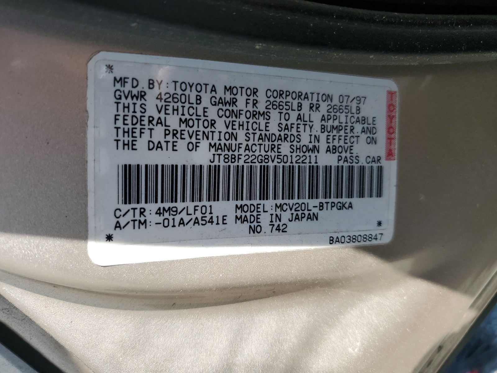 JT8BF22G8V5012211 1997 Lexus Es 300