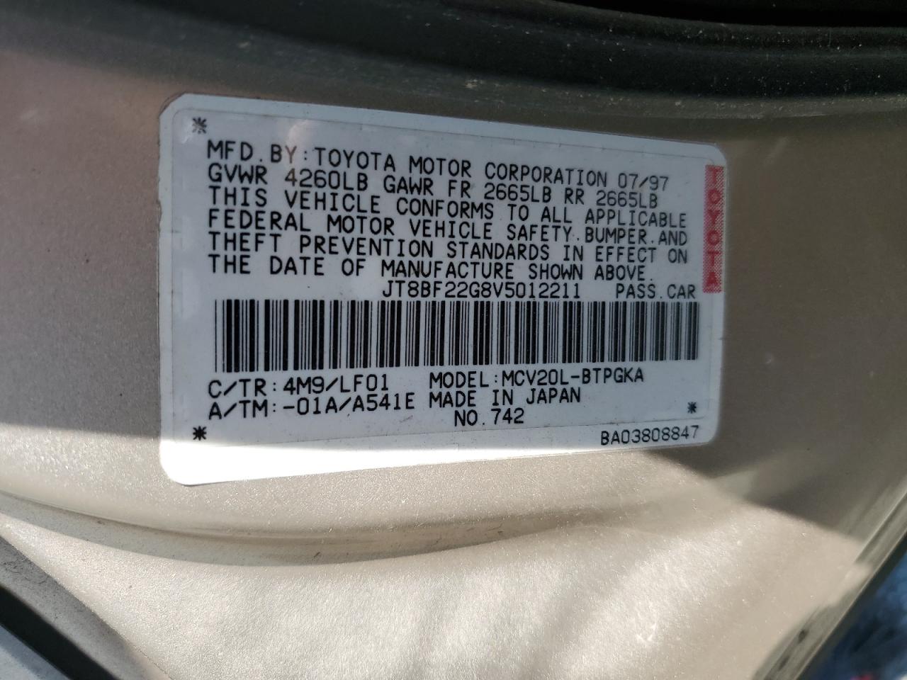 1997 Lexus Es 300 VIN: JT8BF22G8V5012211 Lot: 56383354