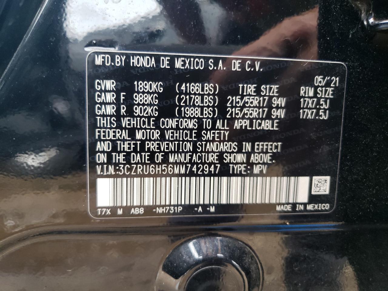 2021 Honda Hr-V Ex VIN: 3CZRU6H56MM742947 Lot: 60520094