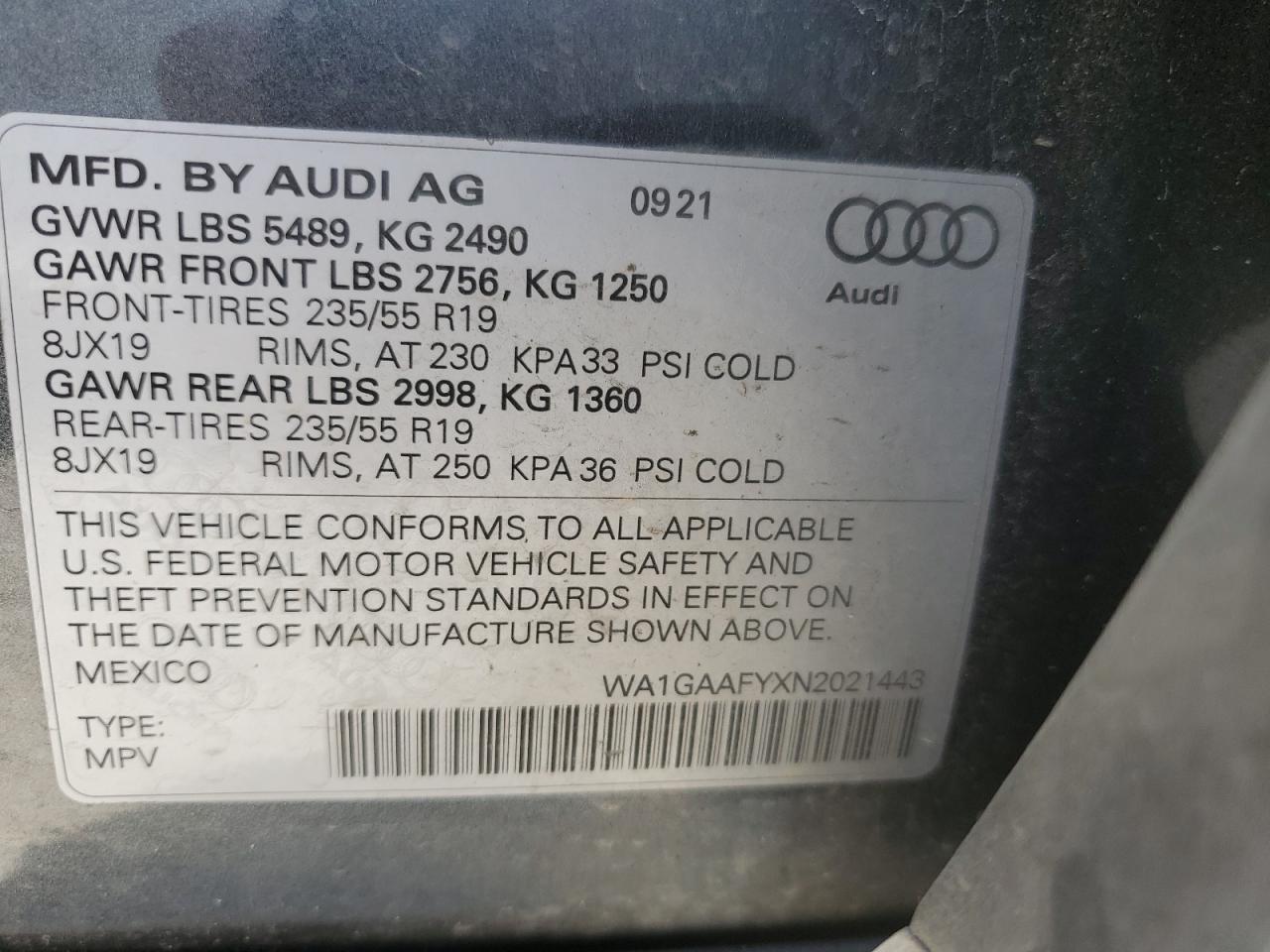 WA1GAAFYXN2021443 2022 Audi Q5 Premium 45