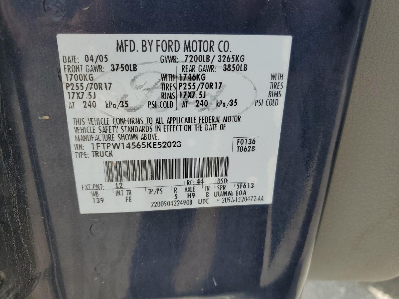 2005 Ford F150 Supercrew VIN: 1FTPW14565KE52023 Lot: 59302154