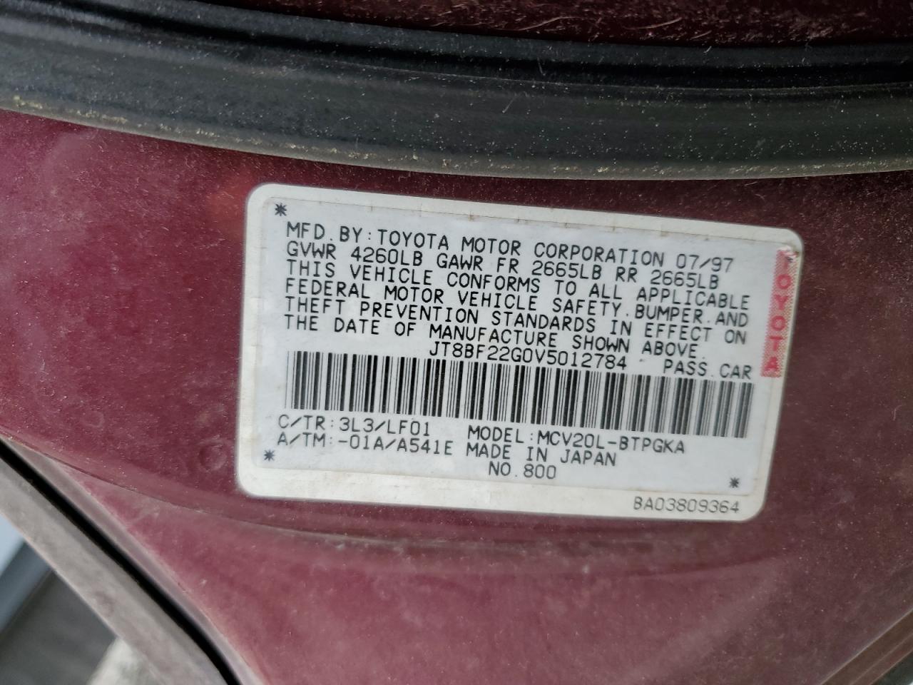 1997 Lexus Es 300 VIN: JT8BF22G0V5012784 Lot: 59477174