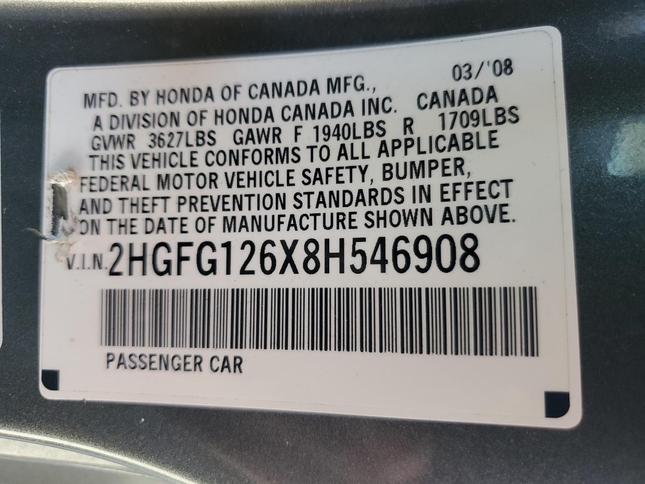 2HGFG126X8H546908 2008 Honda Civic Lx