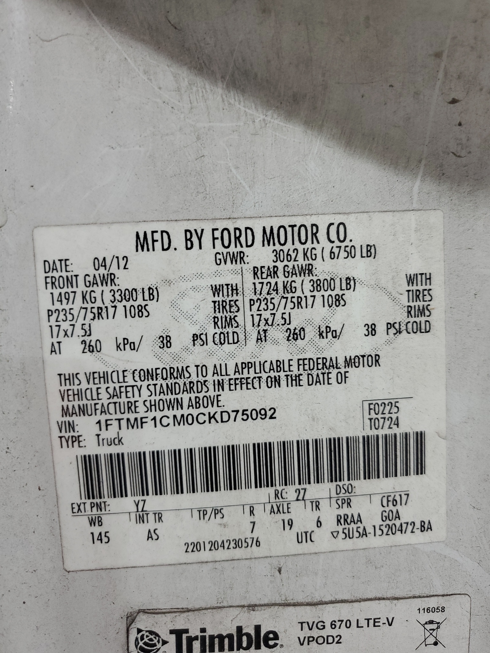 2012 Ford F150 vin: 1FTMF1CM0CKD75092