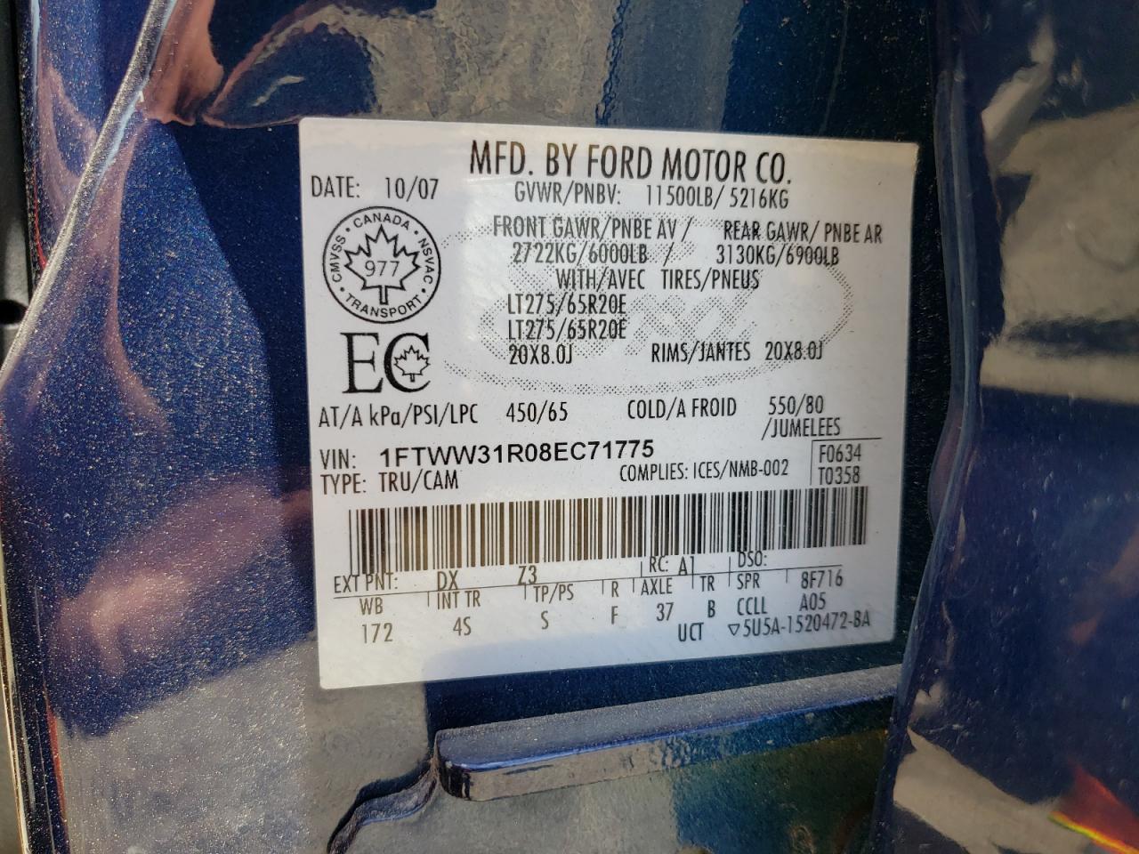 2008 Ford F350 Srw Super Duty VIN: 1FTWW31R08EC71775 Lot: 59463354