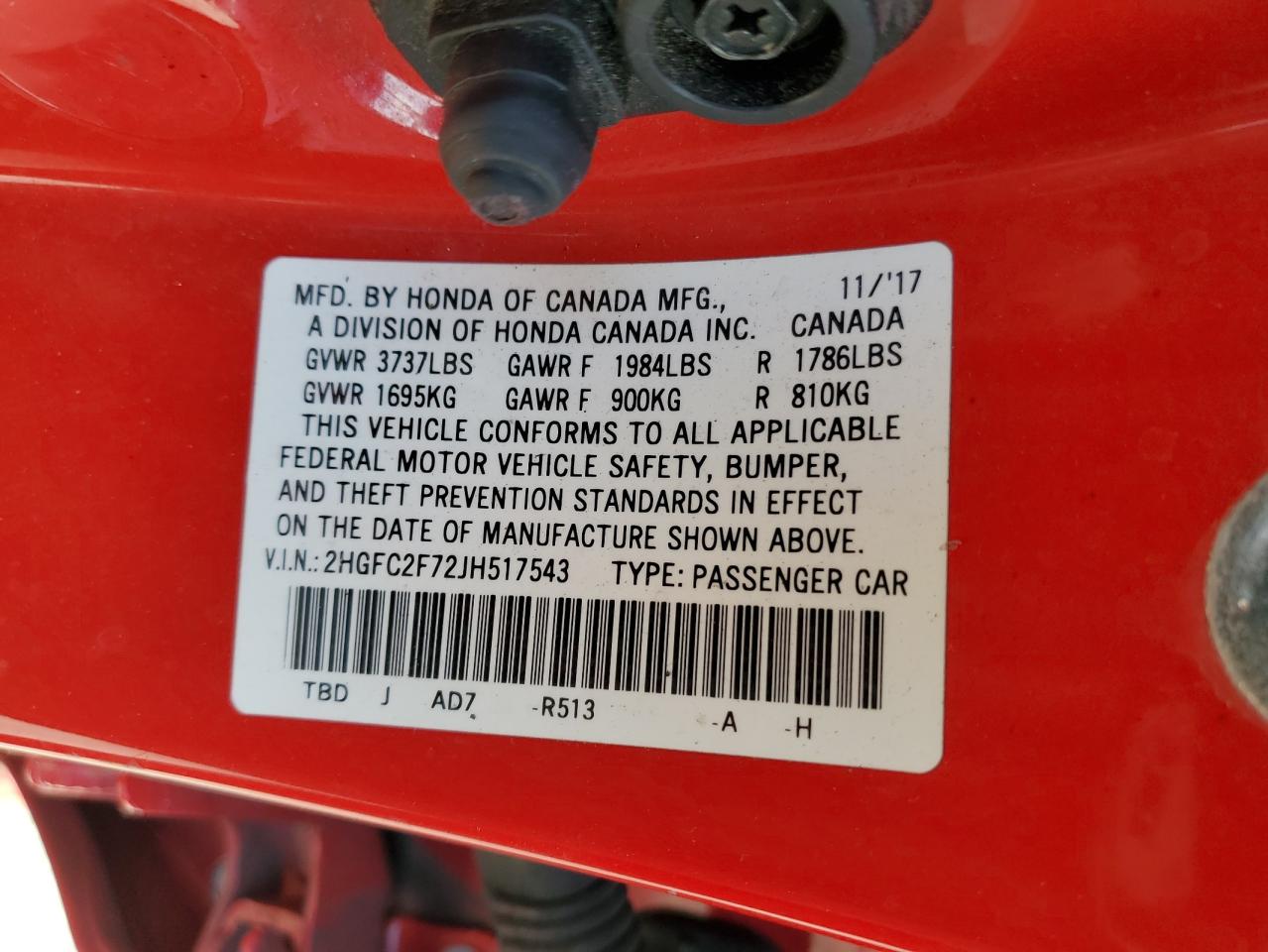 2018 Honda Civic Ex VIN: 2HGFC2F72JH517543 Lot: 59582104