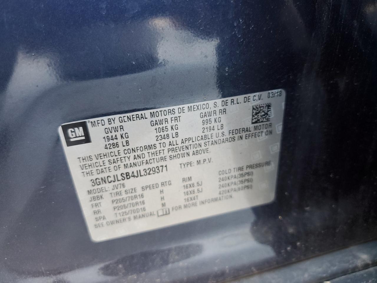 2018 Chevrolet Trax 1Lt VIN: 3GNCJLSB4JL329371 Lot: 58938894