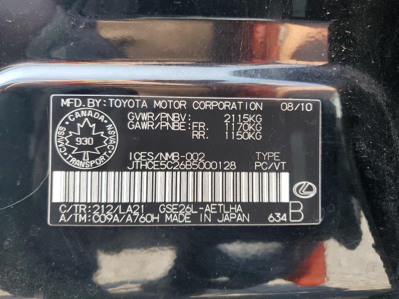 2011 Lexus Is 350 VIN: JTHCE5C26B5000128 Lot: 59626514