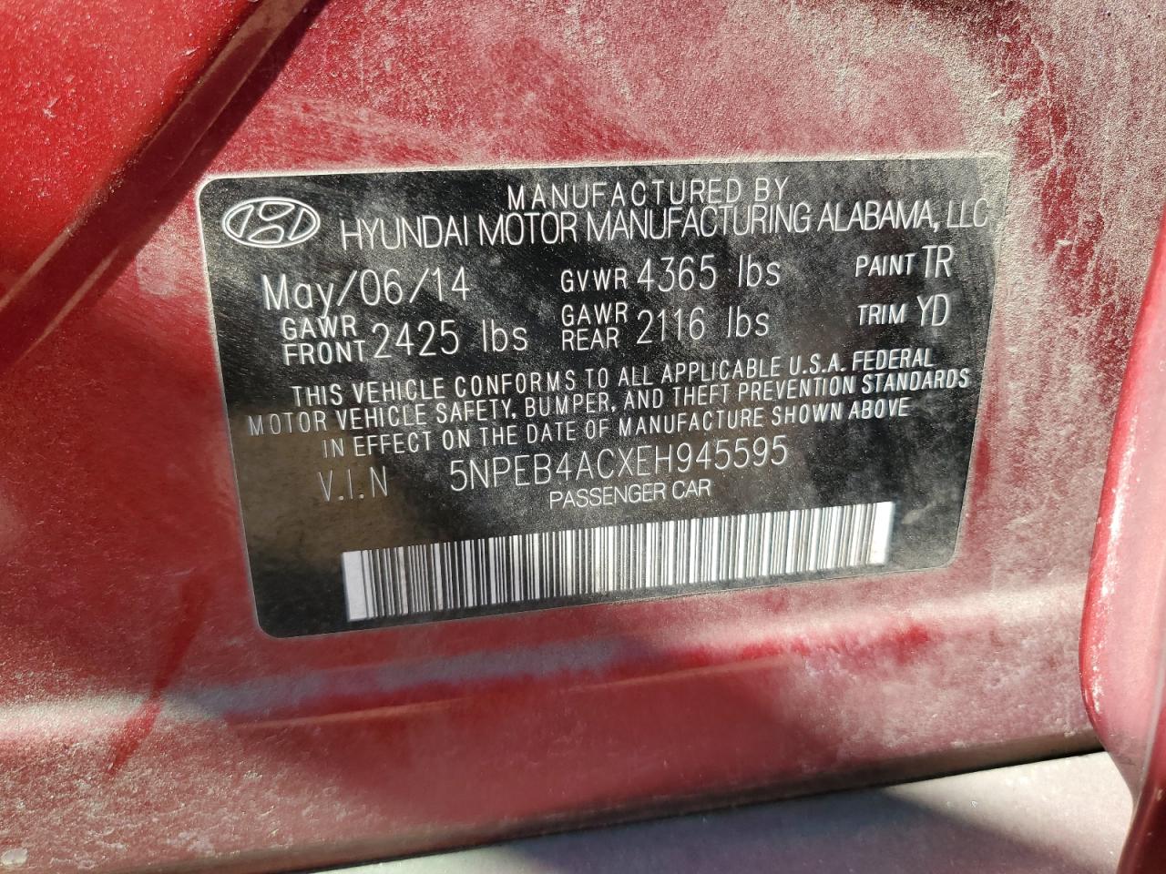 5NPEB4ACXEH945595 2014 Hyundai Sonata Gls