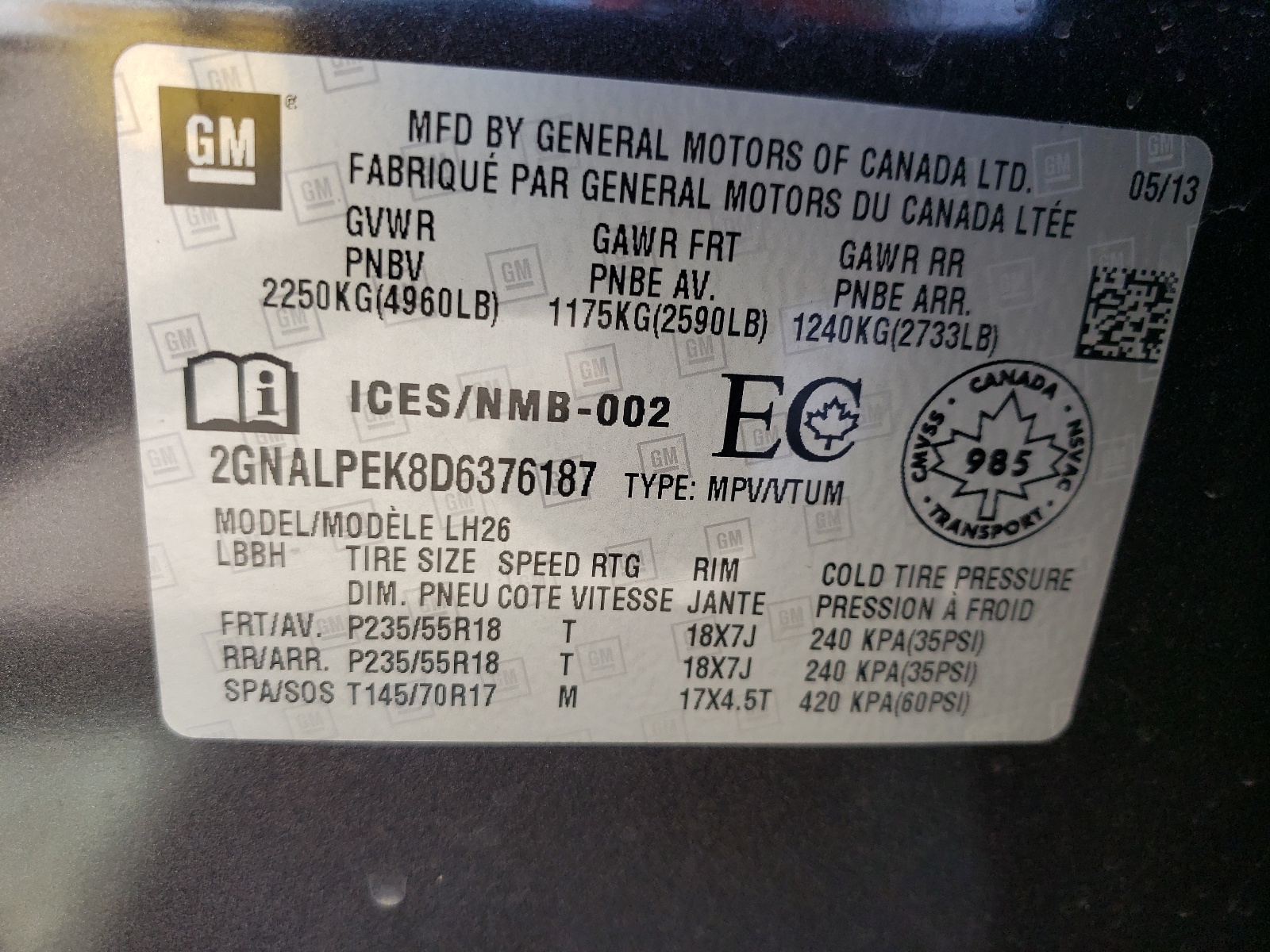 2GNALPEK8D6376187 2013 Chevrolet Equinox Lt