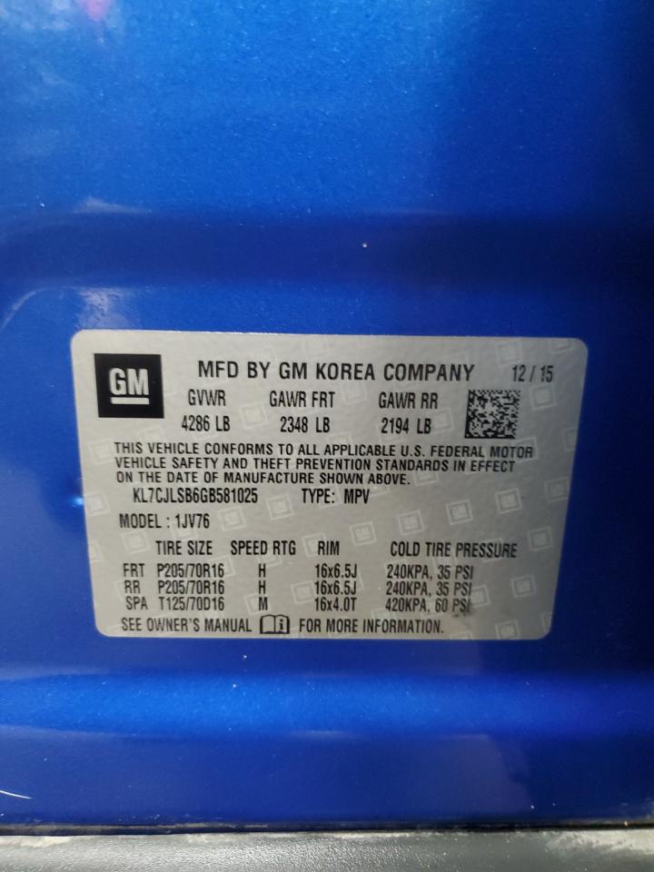 2016 Chevrolet Trax 1Lt VIN: KL7CJLSB6GB581025 Lot: 57738064