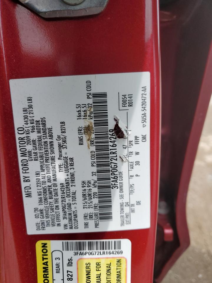 2020 Ford Fusion S VIN: 3FA6P0G72LR164269 Lot: 57807044