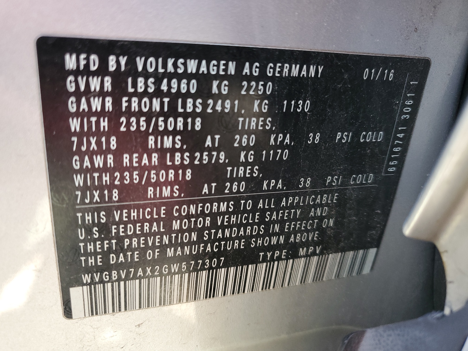 WVGBV7AX2GW577307 2016 Volkswagen Tiguan S