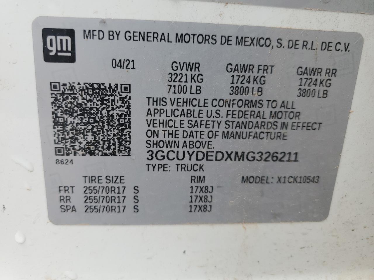 2021 Chevrolet Silverado K1500 Lt VIN: 3GCUYDEDXMG326211 Lot: 60433164