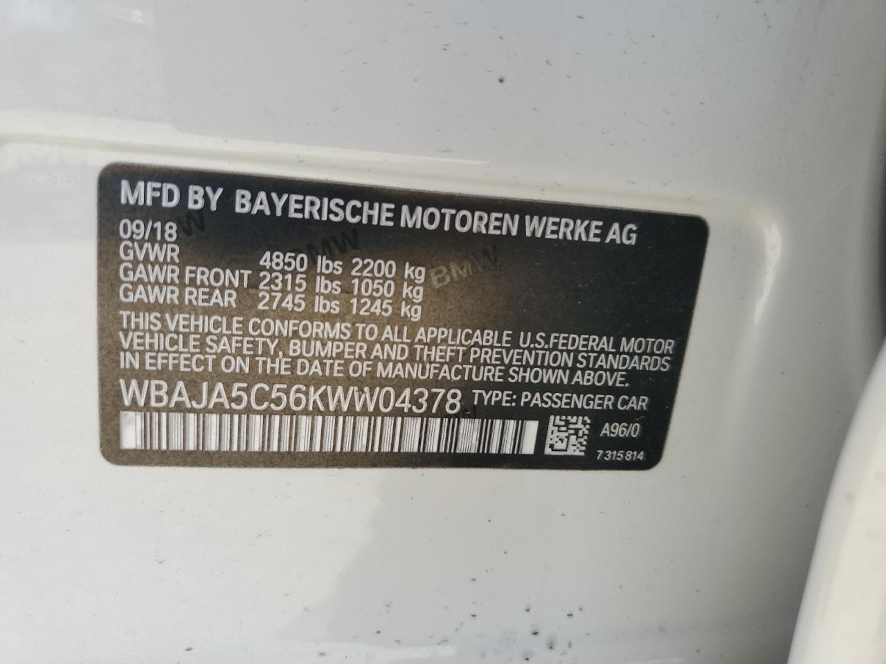 2019 BMW 530 I VIN: WBAJA5C56KWW04378 Lot: 60491314