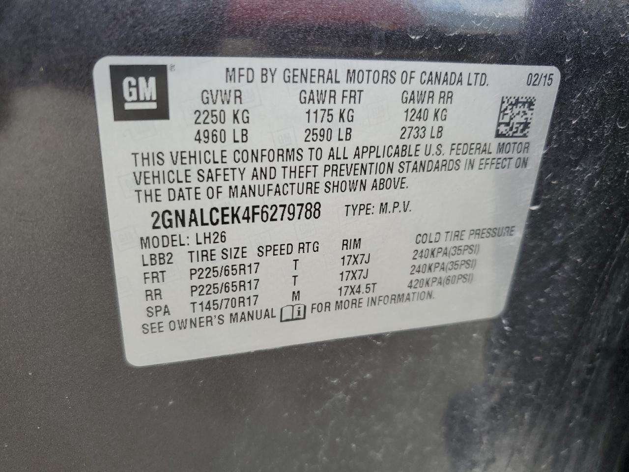 2GNALCEK4F6279788 2015 Chevrolet Equinox Lt