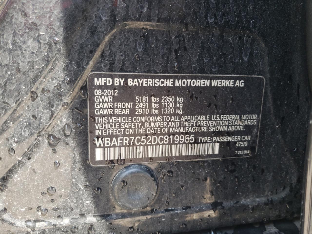 2013 BMW 535 I VIN: WBAFR7C52DC819965 Lot: 60865134