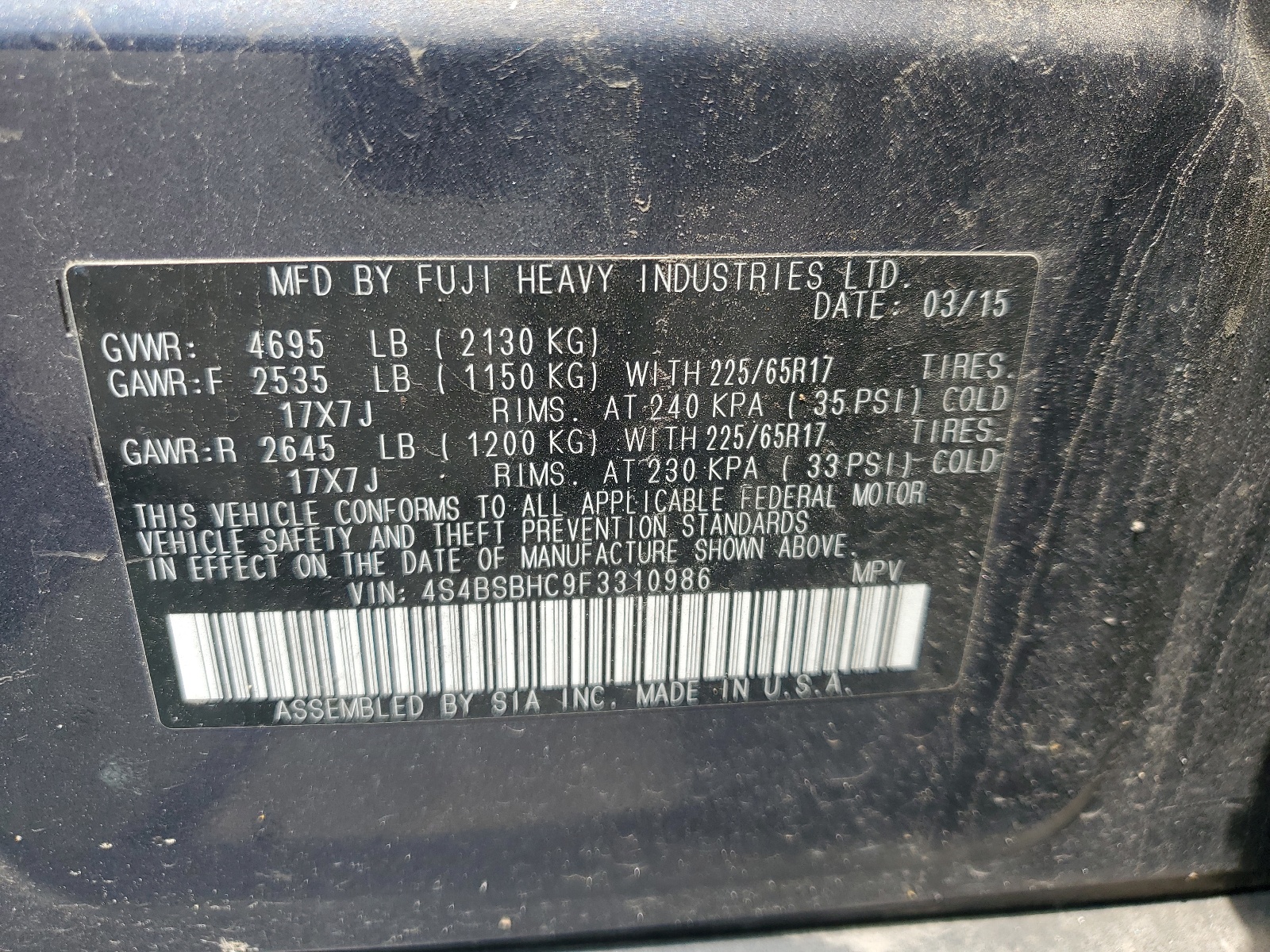 4S4BSBHC9F3310986 2015 Subaru Outback 2.5I Premium