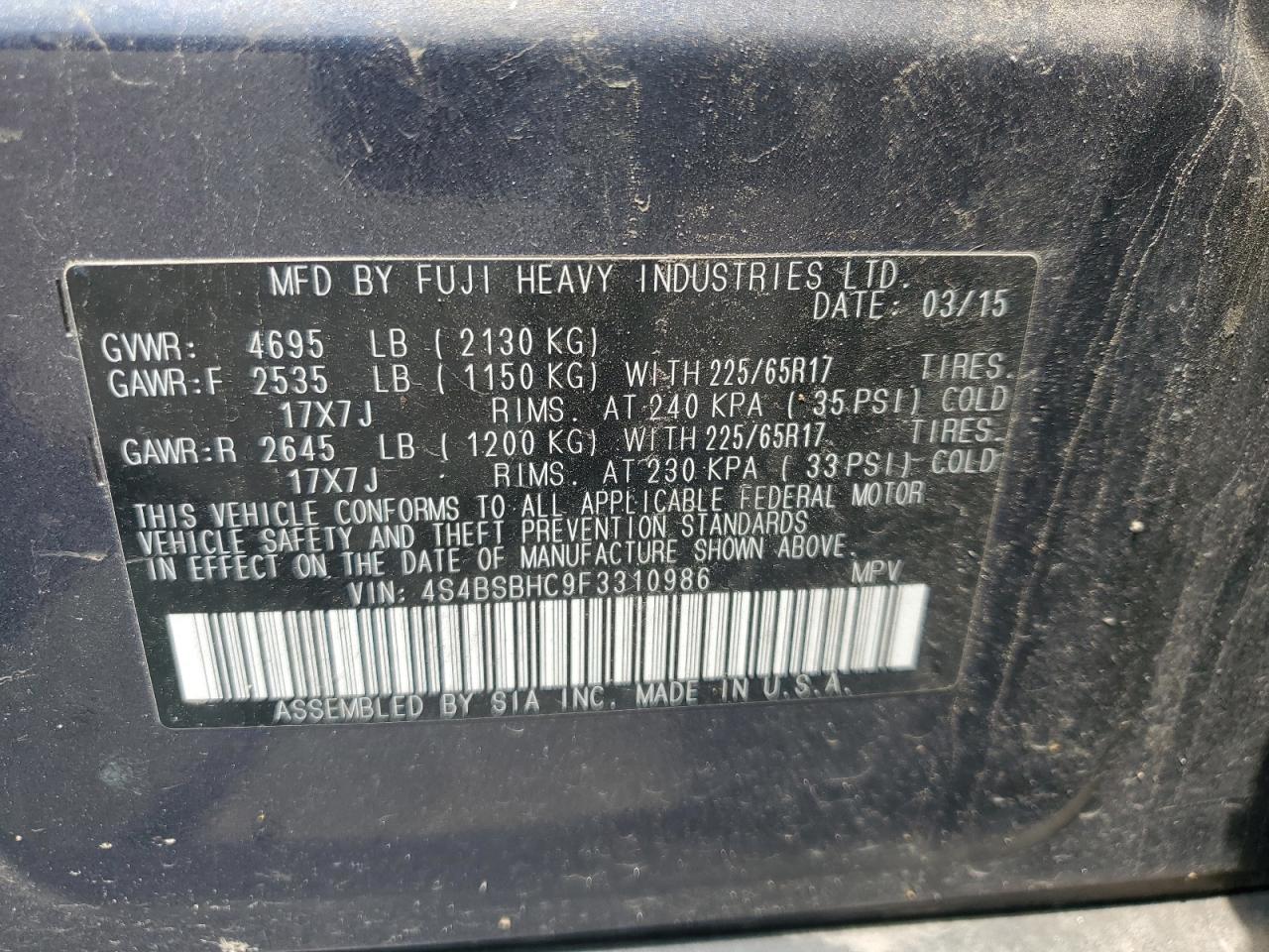 2015 Subaru Outback 2.5I Premium VIN: 4S4BSBHC9F3310986 Lot: 59397944