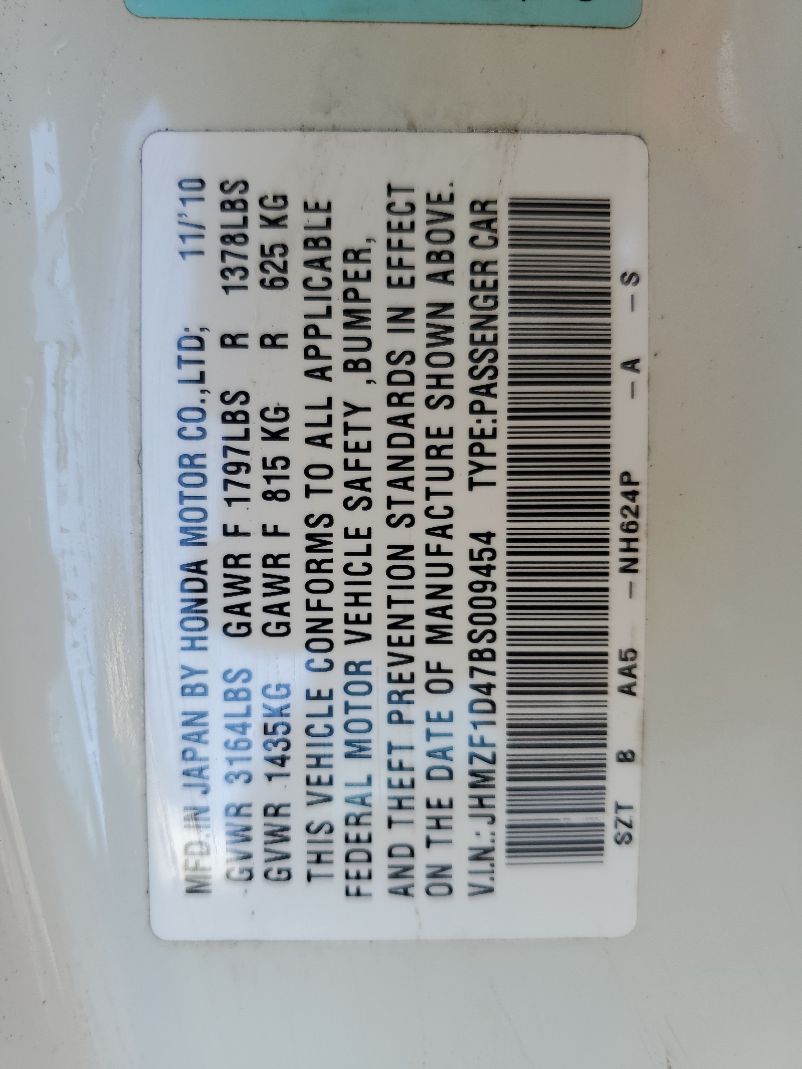 JHMZF1D47BS009454 2011 Honda Cr-Z